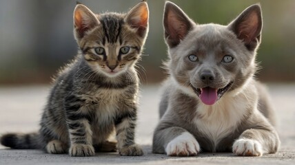 Cat and a dog are laying on the ground