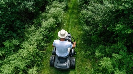 A man in a white shirt and hat steers a lawnmower along a narrow, verdant path, epitomizing the task of garden maintenance amidst lush surroundings.