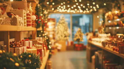 Cozy Christmas gift store filled with wrapped presents and festive lights