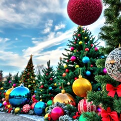  Very beautiful christmas background with christmas trees and large colorful balls christmas tree holiday winter festive celebration   