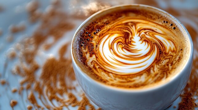 A Cup Of Coffee With Latte Art And Cinnamon