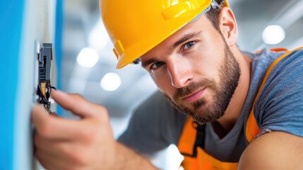 Image of an electrician wearing a yellow hard hat and orange vest, looking intently while adjusting wires in an electrical outlet, signifying technical expertise.