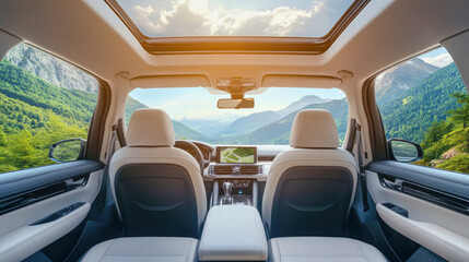 Modern car interior with panoramic windows overlooking green mountain range