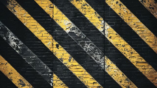 Black and Yellow Diagonal Stripes on Brick Wall: A grunge-style texture featuring a weathered brick wall with diagonal black and yellow stripes, ideal for warning, caution. - Powered by Adobe