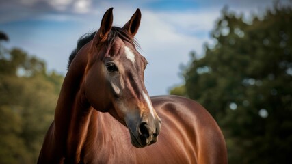 Fototapeta premium Bay Horse Portrait: A stunning portrait of a bay horse with a white star, captured in a natural setting with a lush green background, showcasing its beauty and grace. The horse's gaze is intense.