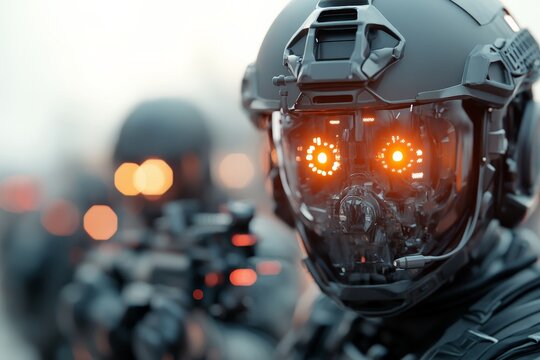 A futuristic soldier wearing advanced headgear with glowing eyes, showcasing a high-tech and robotic appearance against a blurred background.