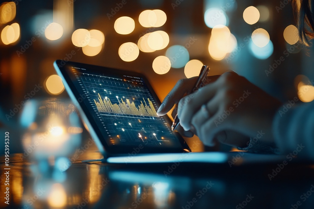 Poster a hand precisely uses a stylus on an illuminated tablet displaying data graphics, signifying digital