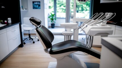 A sleek black dental chair situated in a modern, well-lit dental office, exemplifying elegance and professionalism in a healthcare setting for optimal patient comfort.
