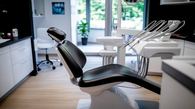 A sleek black dental chair situated in a modern, well-lit dental office, exemplifying elegance and professionalism in a healthcare setting for optimal patient comfort.