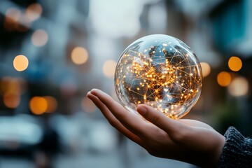 Fototapeta premium A hand supports a luminous globe network against a soft-focus urban backdrop, indicating global connectivity and modern technological advancements.