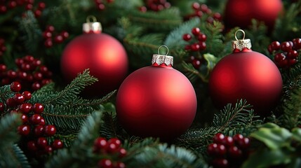 Fototapeta premium Elegant Red Christmas Ornaments Amidst Festive Greenery