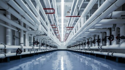 Fototapeta premium Industrial Pipe Network: A long, straight corridor lined with rows of intricate white pipes and valves, reflecting the cool, clean light of overhead fixtures.