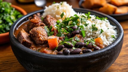 Fototapeta premium Delicious feijoada stew, a Brazilian dish of pork and black beans, beautifully served with rice in a rustic black bowl, bringing cultural richness to the table.