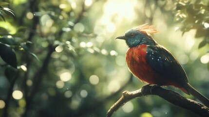 Vibrant tropical bird perched on branch, sunlight.