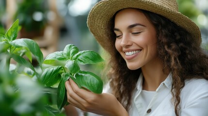 A serene woman with curly hair and a straw hat examines aromatic basil leaves in a peaceful greenhouse environment, reflecting contentment and connection to nature.