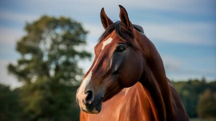 Fototapeta premium Horse Portrait in a Rustic Meadow: A majestic chestnut horse with a striking white blaze stands proudly in a verdant meadow, bathed in the soft glow of a golden hour sky.