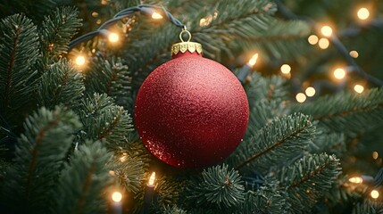 Fototapeta premium Glittering Red Christmas Ornament Hanging on Evergreen Branches