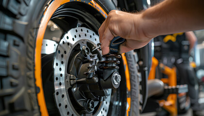 Fototapeta premium Closeup hand man with screwdriver changing tire and maintaining a car shock absorbers at garage