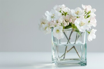 Delicate white flowers blooming in a glass vase, adding a touch of elegance to a simple setting