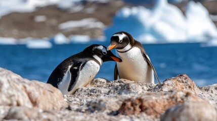 Naklejka premium Two penguins engage in a gentle interaction beside rocky and icy waters, capturing a tender moment in the frigid and majestic Antarctic environment.
