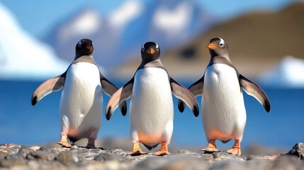 Fototapeta premium A lineup of three penguins strides purposefully across a rocky beach, their determined march framed by the sharp, icy backdrop of Antarctic waters and peaks.