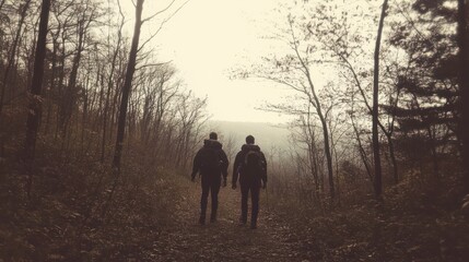 Obraz premium Two Hikers on a Misty Forest Trail