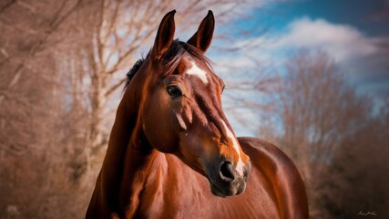 Obraz premium Bay Horse Portrait: A majestic bay horse with a white blaze on its face stands majestically in a field, its gaze fixed on the horizon. The soft sunlight casts a warm glow on its coat.