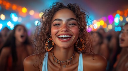 Fototapeta premium A joyful woman smiles in a vibrant crowd at a lively event, showcasing excitement and energy.
