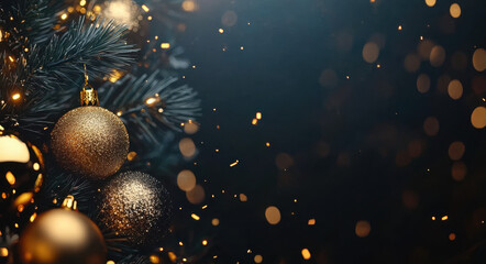 A dark background with golden Christmas decorations and lights, creating an atmosphere of joyous celebration