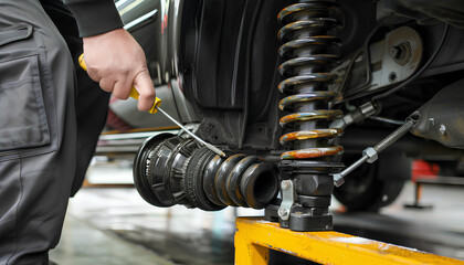 Closeup hand man with screwdriver changing tire and maintaining a car shock absorbers at garage
