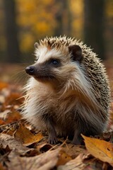 Fototapeta premium Brown and white hedgehog is standing on a pile of leaves