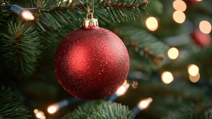 Obraz premium Decorative Red Christmas Ornament on Evergreen Tree with Bokeh Lights