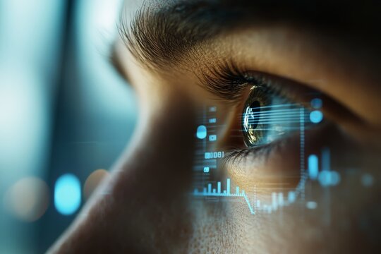 A close-up of an eye with a digital interface overlay reflecting graphs and data, symbolizing vision, insight, and the future of human interaction with technology.