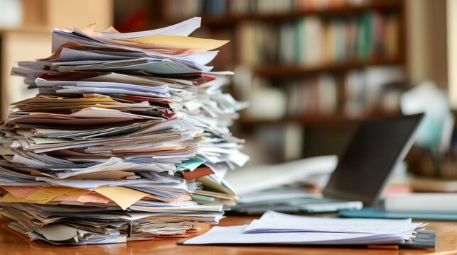 A large stack of papers sits on a wooden desk