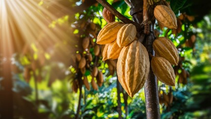 Golden Cacao Pods on the Tree: Sunlit Cacao pods hanging from a tree branch, showcasing the vibrant yellow-orange hue of ripe cacao fruits.