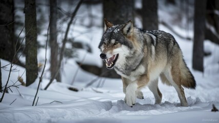 Wolf Prowling Through Snow-Covered Forest: A lone gray wolf strides through a snowy forest, its piercing gaze and powerful presence capturing the wild beauty of nature.