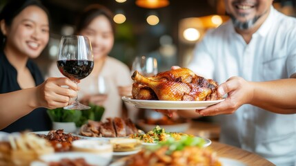 A jubilant family gathers around a table to share a communal meal featuring a beautifully roasted chicken, complete with wine and various delicious side dishes, in a warm setting.