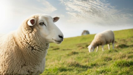 Sheep Grazing in a Meadow: A serene and tranquil scene of a fluffy white sheep grazing in a lush green meadow, bathed in soft sunlight.