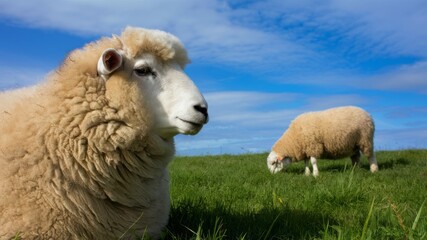 A peaceful scene of sheep and lambs grazing in a green meadow on a farm during spring