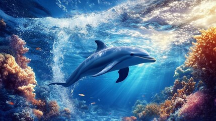 Obraz premium Dolphin swimming in vibrant coral reef.
