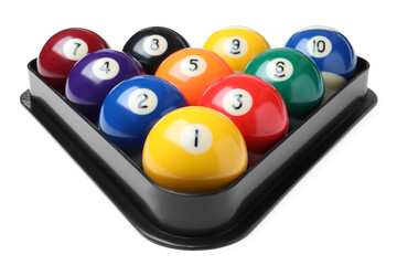Plastic rack with billiard balls on white background