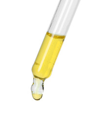 Fototapeta premium Dripping essential oil from pipette on white background