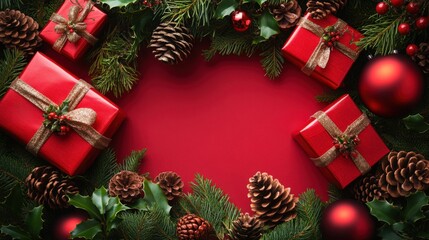 Festive Holiday Display with Red Gifts and Pine Cones