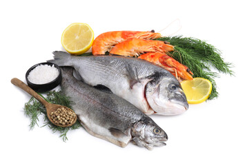 Different fresh sea food with spices isolated on white