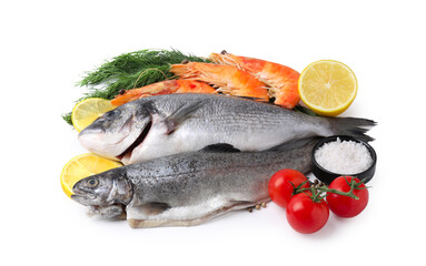 Different fresh sea food with spices and tomatoes isolated on white