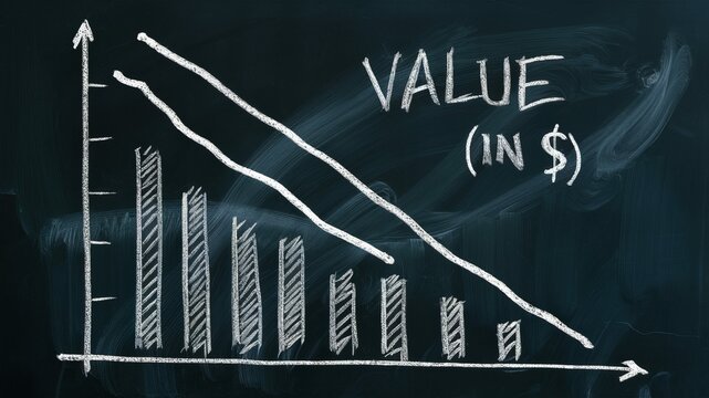 Declining Value: A chalk-drawn chart on a blackboard illustrates the downward trend of value over time.