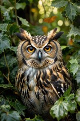Obraz premium Brown and white owl is sitting in a bush