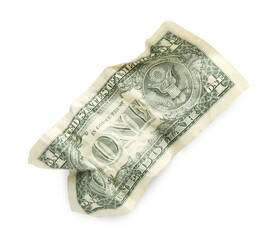 One crumpled dollar banknote isolated on white, top view