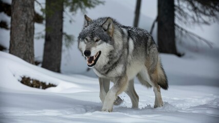 Naklejka premium Wolf in Winter Wonderland: A majestic grey wolf prowls through a snowy forest, its piercing gaze and powerful stride captivating the viewer in a moment of untamed wilderness. 