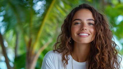 Fototapeta premium A confident young woman with flowing hair stands smiling amidst a backdrop of tropical palms, exuding a sense of confidence and modern elegance in nature.